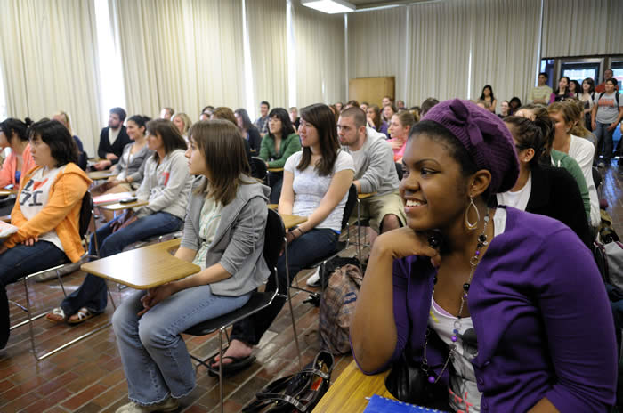 Students listening to a career presentation